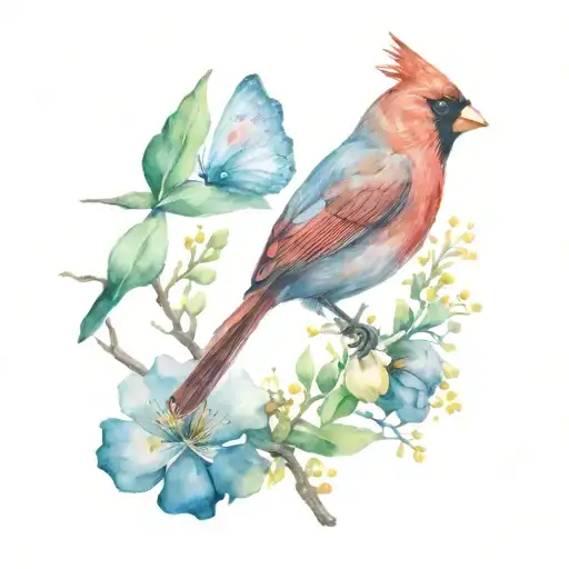A Cardinal Bird With A Butterfly