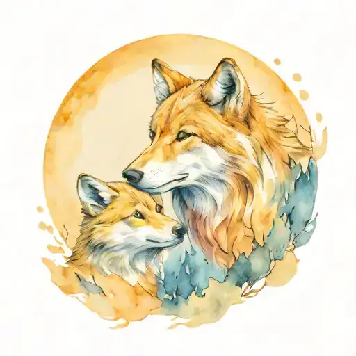 Wolf And Wolf Pup Howling Moon