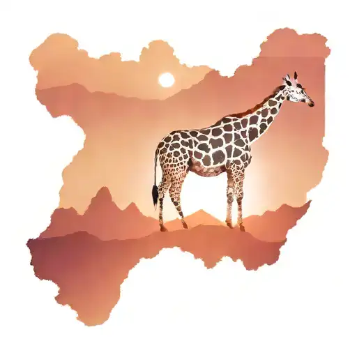 Giraffe And Pig In Front Of A Mountain Range With A Lightning Bolt