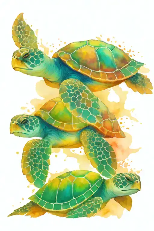Sea Turtle With 2 Baby Turtles Colored Background