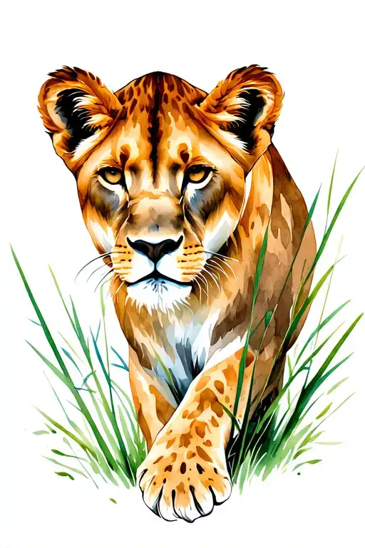 Lioness In Hunting Position Peeking Through Blades Of Grass Tattoo