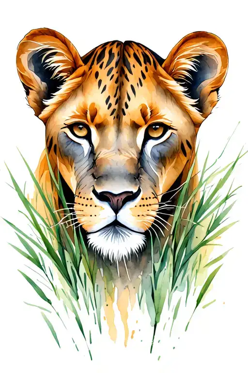 Lioness In Hunting Position Peeking Through Blades Of Grass Tattoo