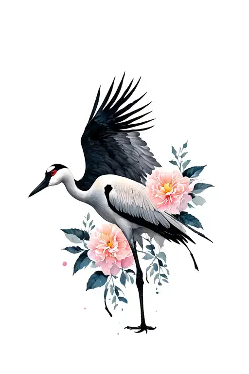 Sandhill Crane Open Wings And Peonies Black Grey