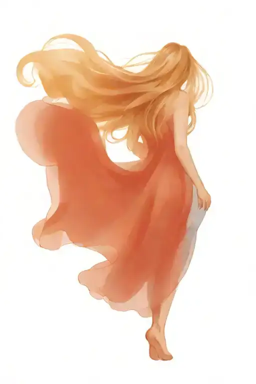 Beautiful Woman From The Back In A Flowing Blue Dress With Long Blonde Hair Flowing In The Wind