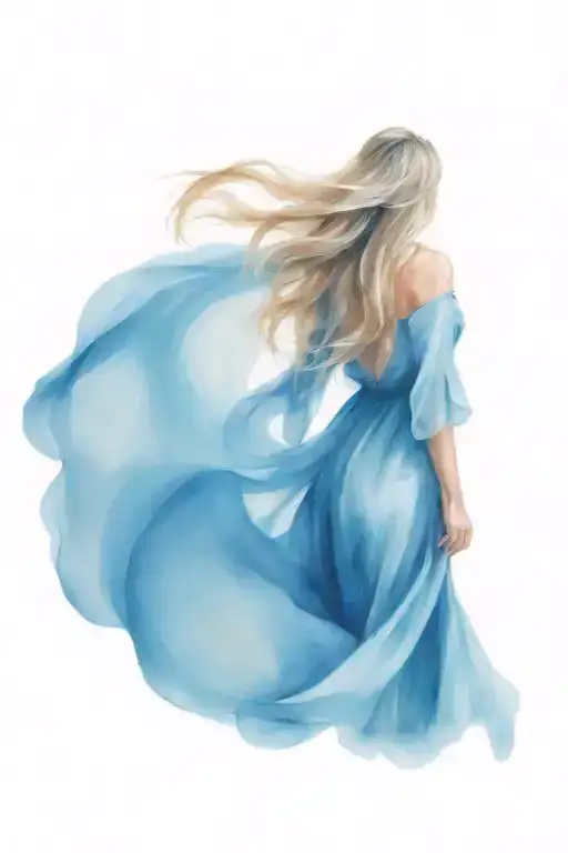 Beautiful Woman From The Back In A Flowing Blue Dress With Long Blonde Hair Flowing In The Wind