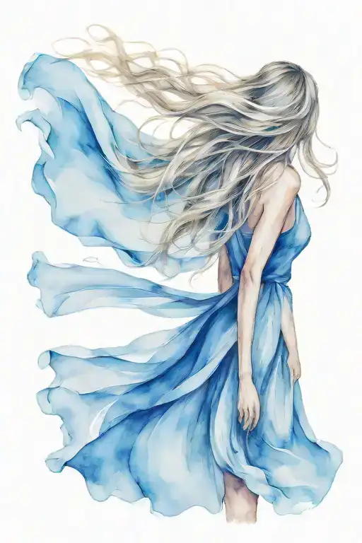 Beautiful Woman From The Back In A Flowing Blue Dress With Long Blonde Hair Flowing In The Wind