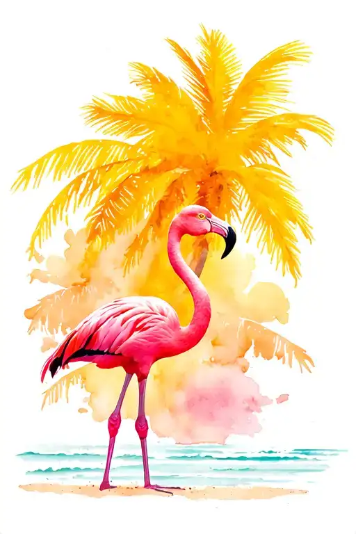 Flamingo On Beach Scene With Palm Trees