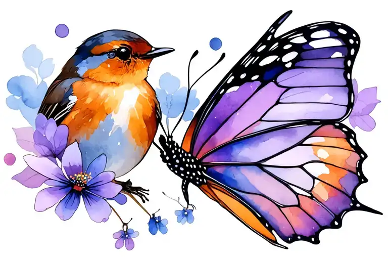 Robin And Butterfly - Colour Scheme Of Blues And Purples