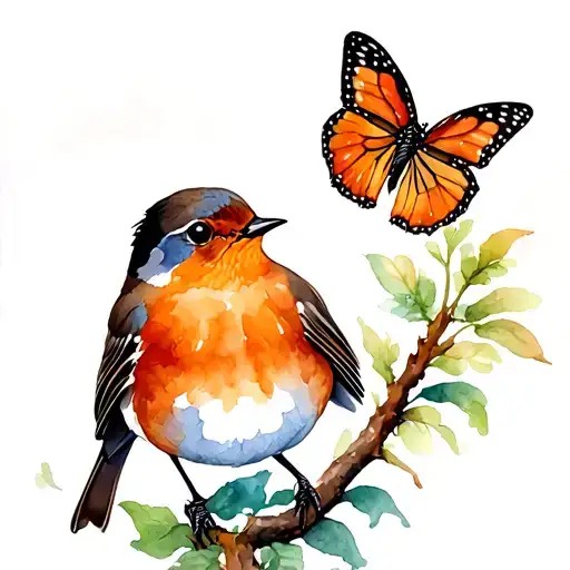 Robin And Butterfly Having A Chat