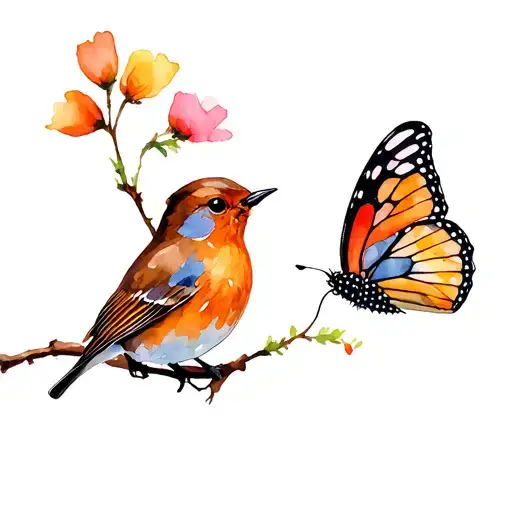 Robin And Butterfly Having A Chat