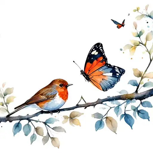 Robin And Butterfly Together On Thin Branch