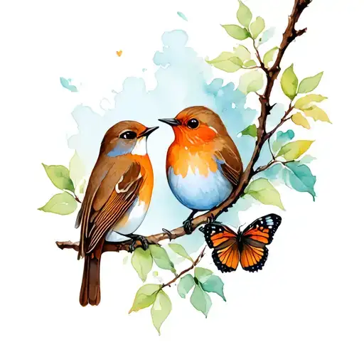 Robin And Butterfly Together On Thin Branch