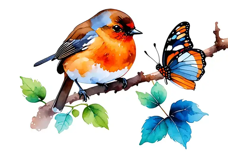 One Robin And One Butterfly Together On A Branch