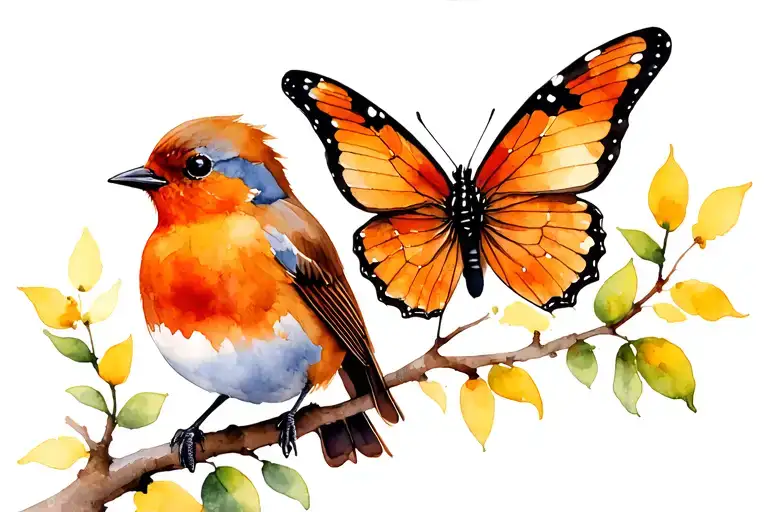 One Robin And One Butterfly Together On A Branch