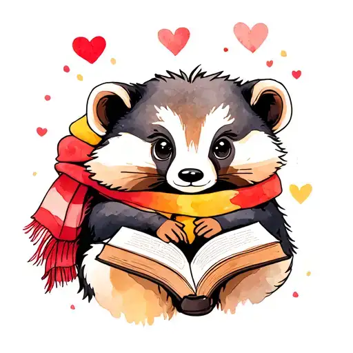 Cute Heart Shaped Badger With A Hufflepuff Scarf And A Reading Book
