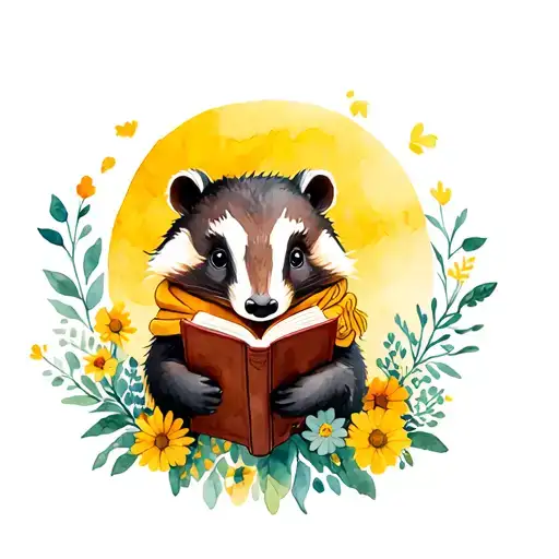 Badger With A Hufflepuff Scarf And A Reading Book Surrounded By Flowers