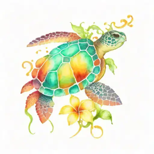 Real Sea Turtle With Bright Colored Plumeria