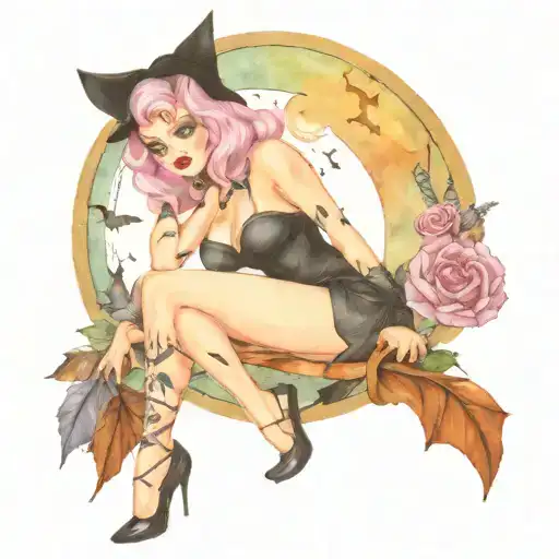 Witchy Pinup With Garder Belt And Tattoos With Black Cat And Bats And A Moon Behind Her