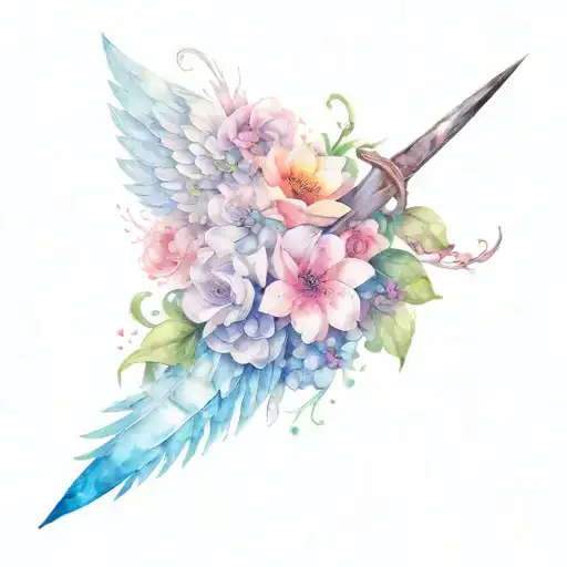 Knife Wrapped In Angel Wings And Flowers