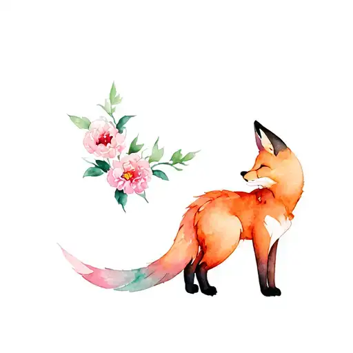 Fox With A Spread Tail And Peony