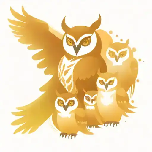 One Big Owl With 4 Baby Owls Under Its Wings