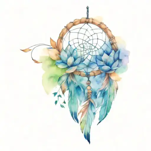 Dream Catcher Under Lotus Flower And Feathers