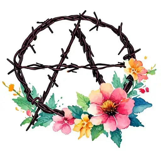 Anarchy Symbol With Barbed Wire And Flowers