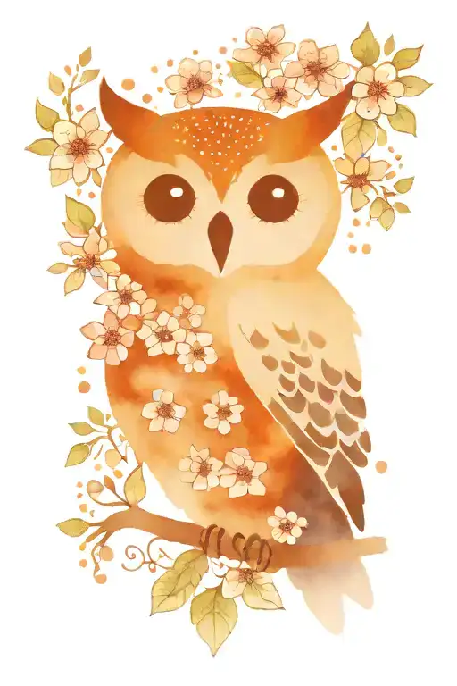 Watercolor Owl With Dainty Black And White Stippled Flowers Surrounding It