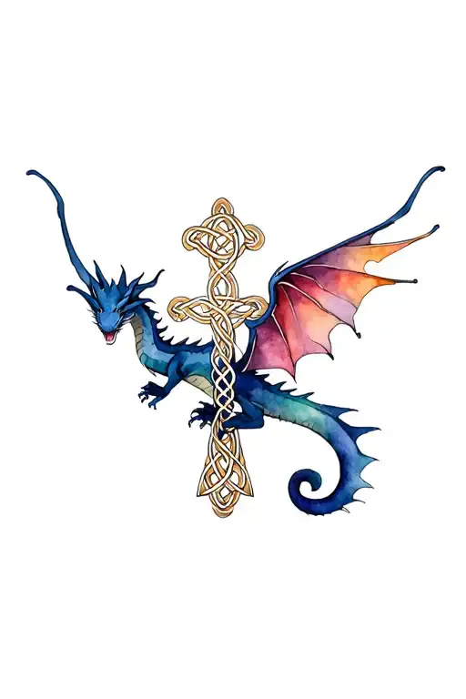 Small Flying Dragon Intertwined With Celtic Cross