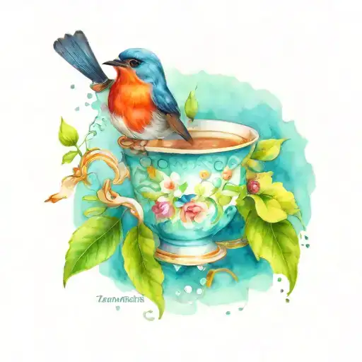 Teacup And Robin Bird