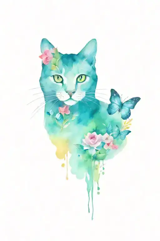 Cat With Flowers And Butterflies