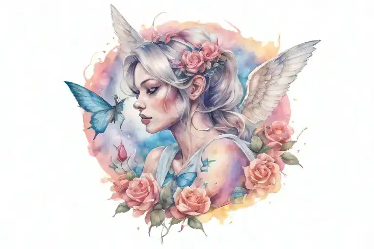 Female Angel Warrior With Roses And Butterflys