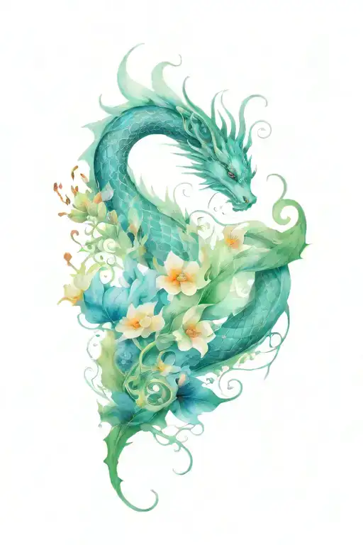 Fantasy Themed Tattoo Include Flowers And Dragons And Fairy