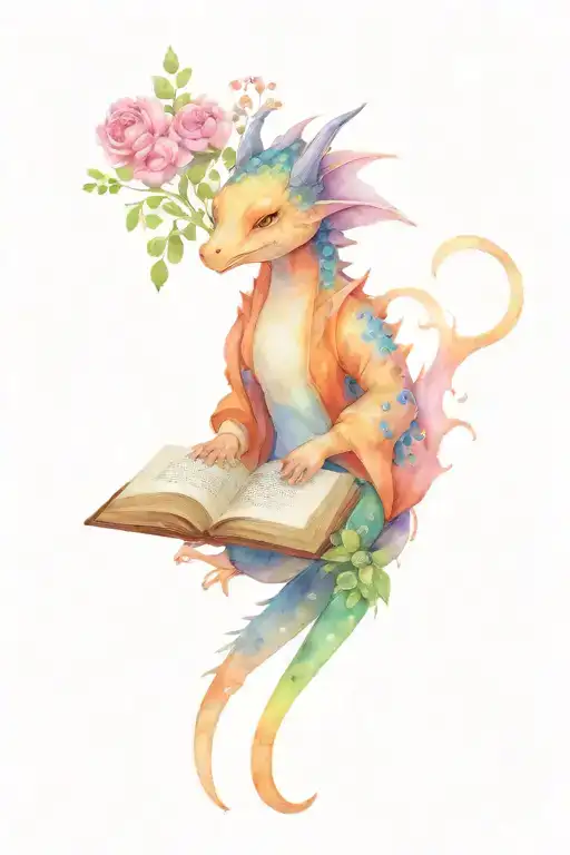 Cute Dragom Reading A Book Surrounded By Flowers