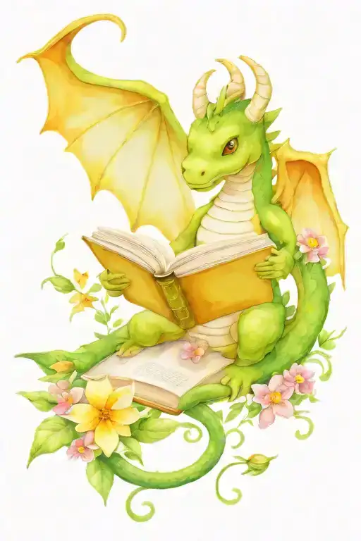 Cute Dragon Reading A Book Surrounded By Flowers And Butterflies