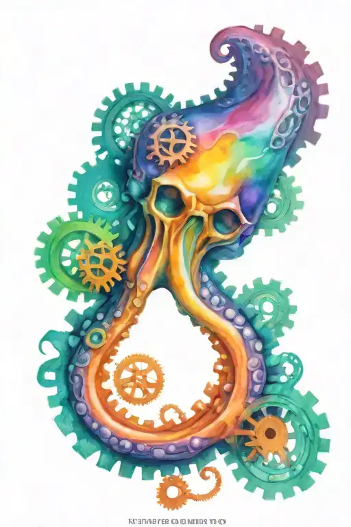 Realistic Octopus Steampunk Gears Rainbow Anatomically Correct Skulls