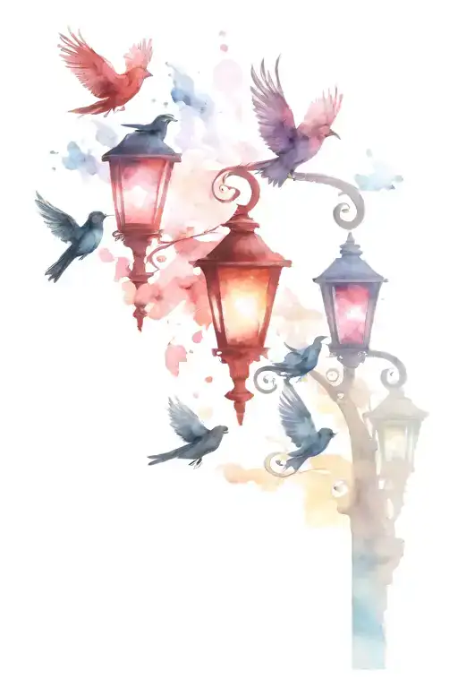 Flock Of Black Birds Flying Through Red And Blue Streetlights