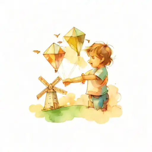 Child Holding A Kite Flying With Power Wind Mills In The Background
