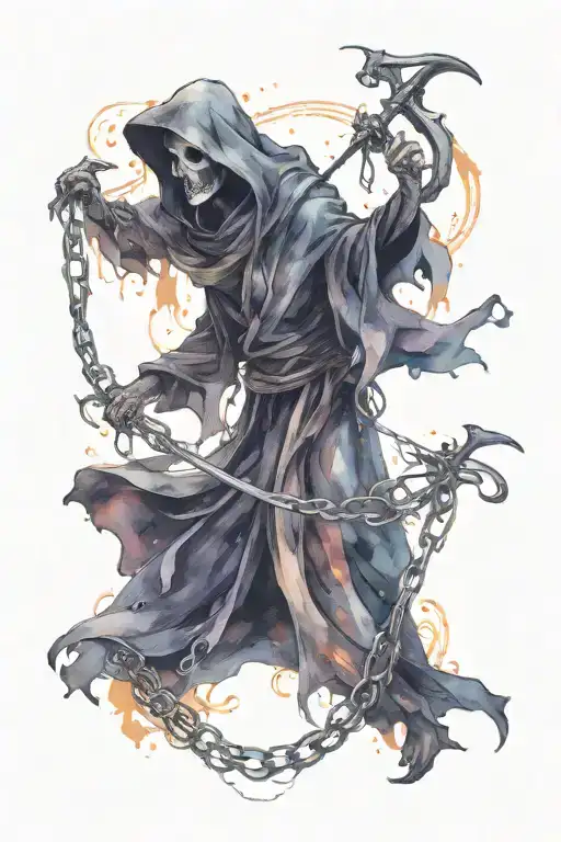 Full Body Grim Reaper Wrapped In Chains Holding A Scythe
