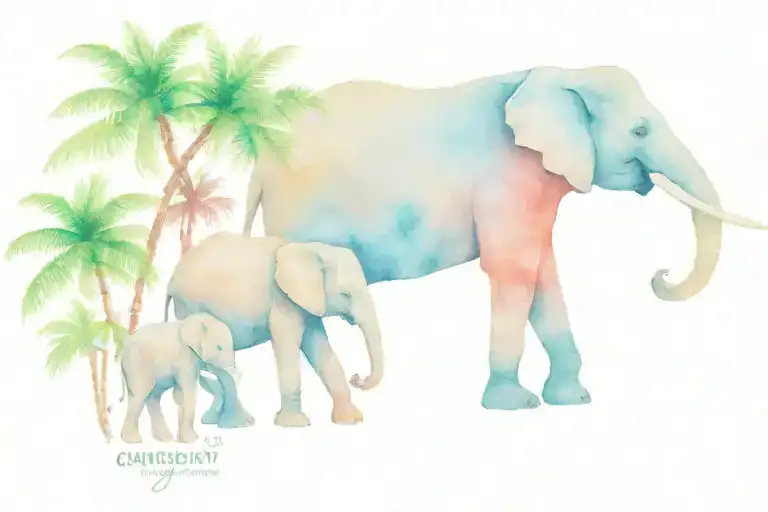 Mom Elephant With 2 Baby Elephant Palm Tree & Marijauna Plants Type Dye