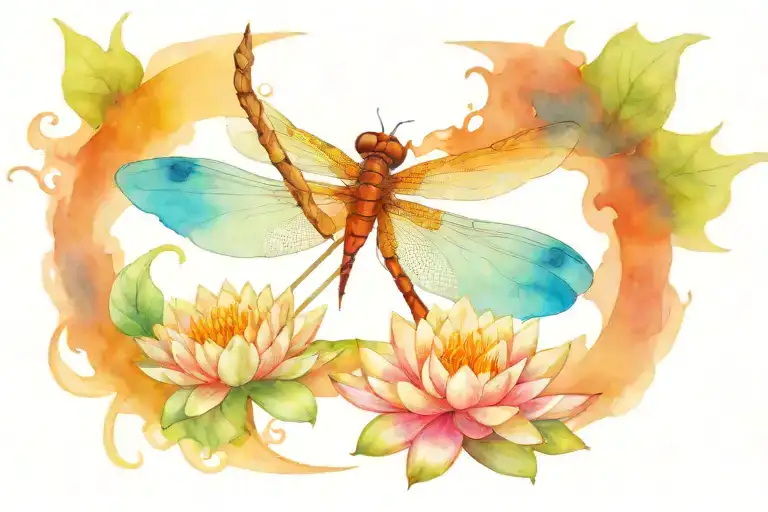 Dragon Fly With Waterlily On Pond Surrounded