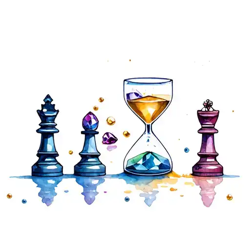 Chess Pieces And Hour Glass With Jewels And Gold As The Sand