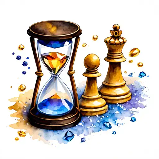 Chess Pieces And Hour Glass With Jewels And Gold As The Sand