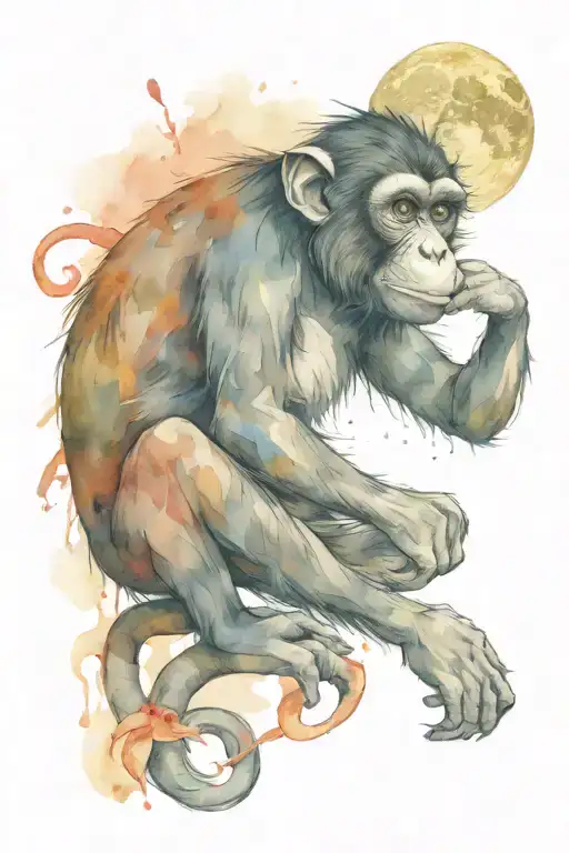 Monkey With A Crab With Moon In Background