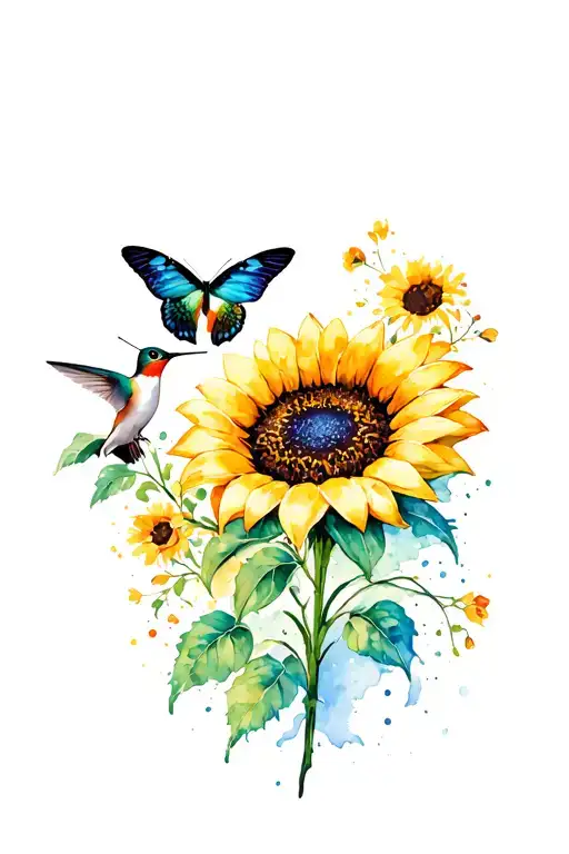 Sunflower With Butterfly And Hummingbird