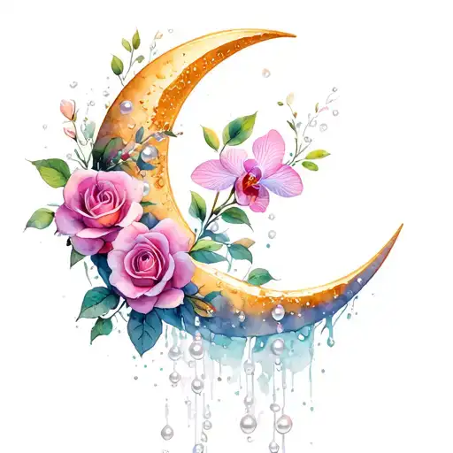 Crescent Moon With Roses Orchids Intertwined Water Pearls