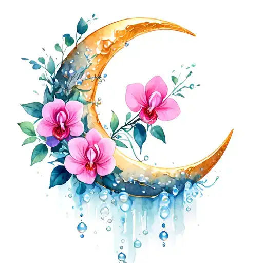 Crescent Moon With Roses Orchids Intertwined Water Pearls
