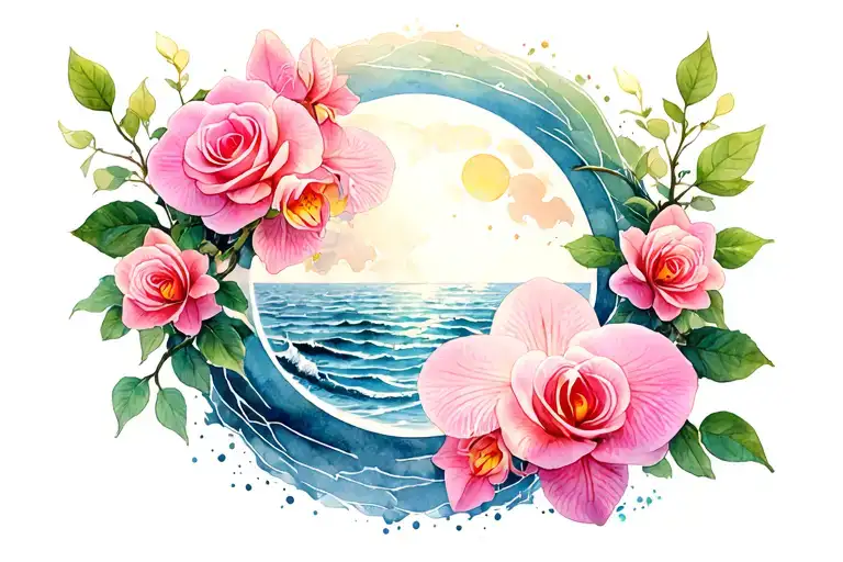 Roses And Orchids Vines Intertwined With The Moon And Ocean