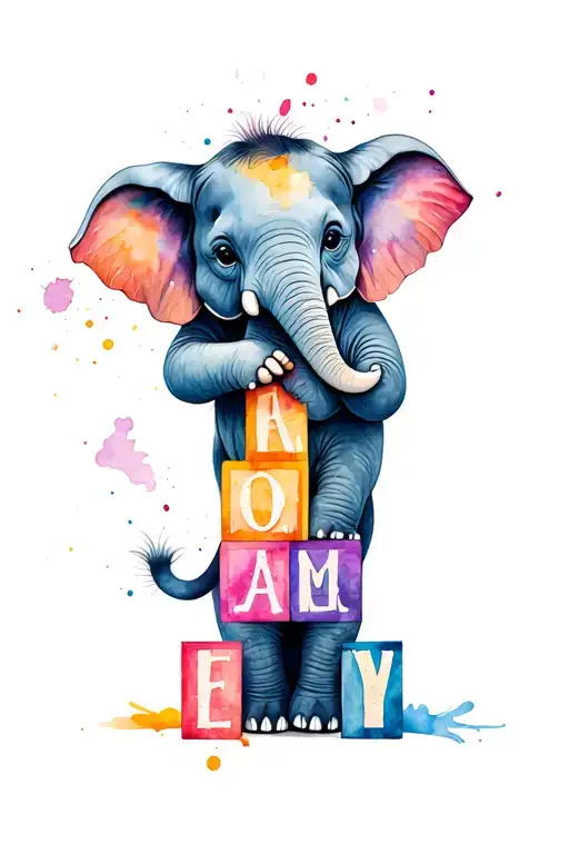 Baby Elephant Playing With Word Blocks With Paint Splatter On The Baby Elephant
