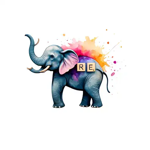 Baby Elephant Playing With Word Blocks With Paint Splatter On The Baby Elephant